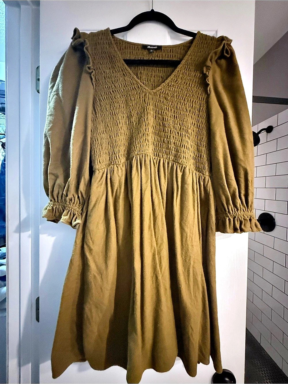 Madewell Flannel Lucie V-Neck Smocked Mini Dress Olive Small